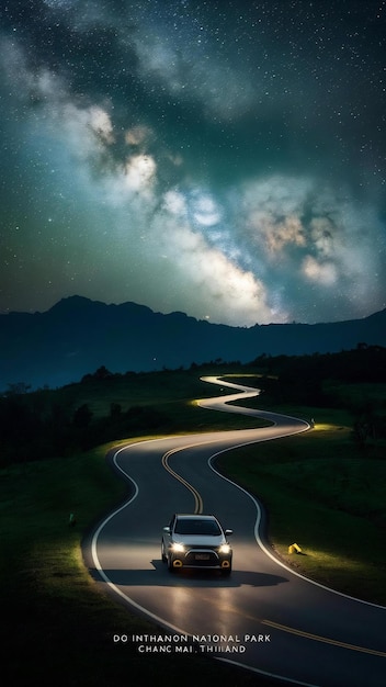 Milky way and car light on road at doi inthanon national park in the night chiang mai thailand