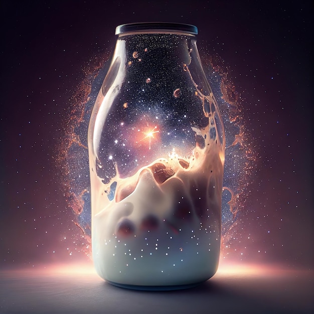 milky way galaxy imagined captured inside an a glass milk bottle