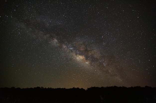 Milky way galaxy and silhouette of tree with cloud Long exposure photographwith grain