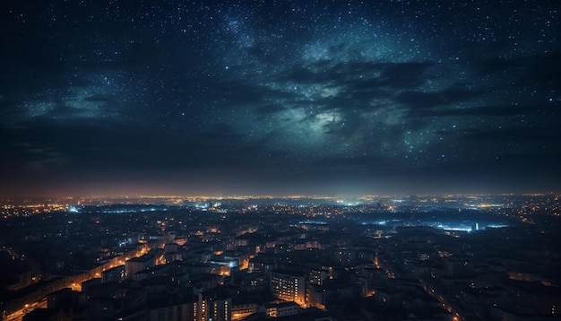 Milky Way glows above city skyline at night generated by AI