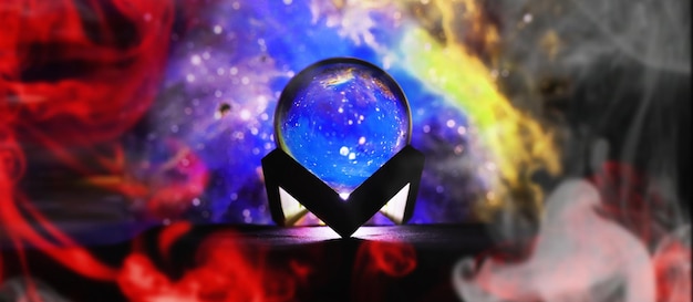 Milky way in magic sphere,Fortune teller,mind power concept. magic ball predictions. mysterious composition. Fortune teller, mind power, prediction concept. copy space