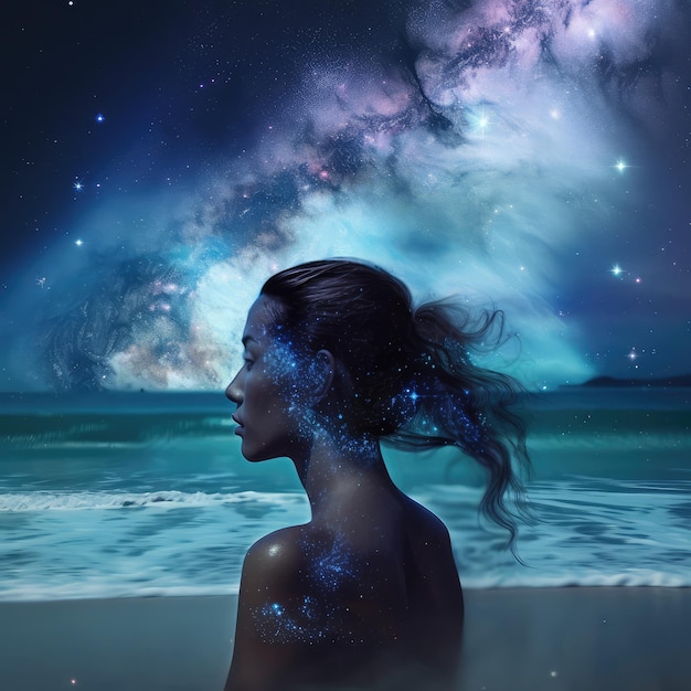 Milky way over midnight beach with woman generative ai