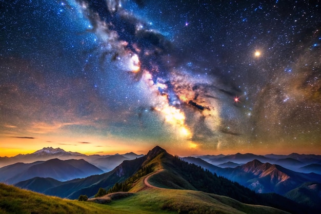 Milky way under mountain ridge Beautiful natural landscape