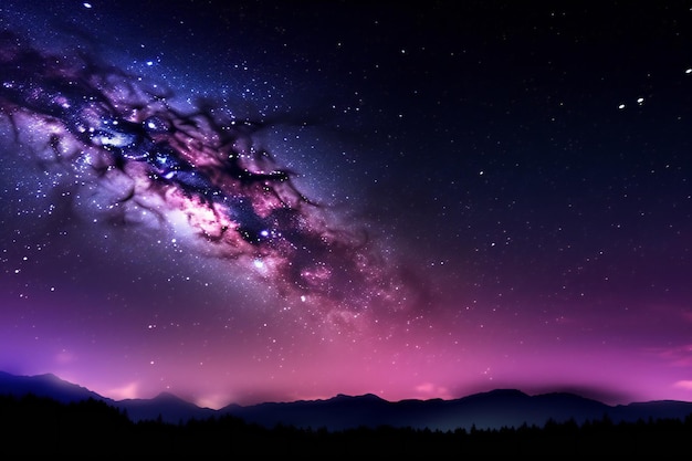 Milky way in the night sky with stars and silhouette of mountains