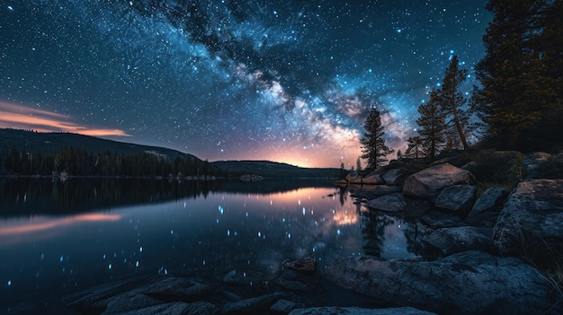 Milky Way over serene lake and silhouetted landscape