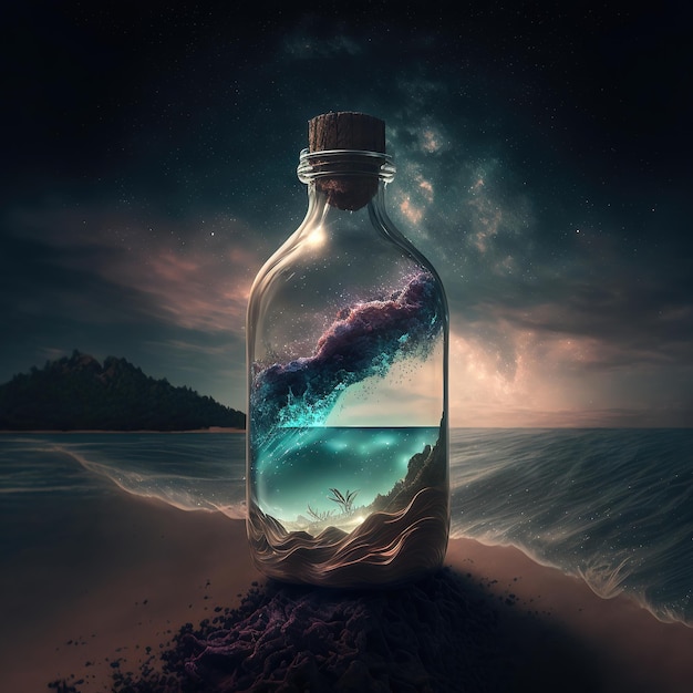 Milky way space nebula in a glass bottle on the ocean sand wave cave magic fantasy landscape sunset AI