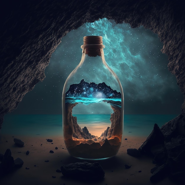 Milky way space nebula in a glass bottle on the ocean sand wave cave magic fantasy