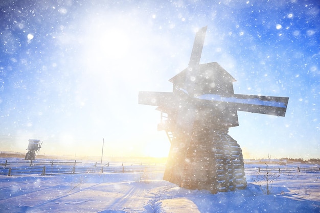 mill winter landscape, Kimzha, windmill wooden architecture