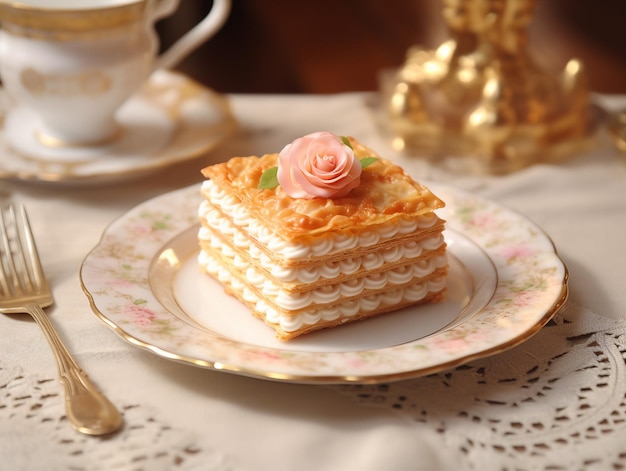 Millefeuille with flower decoration and a cup of tea on the table