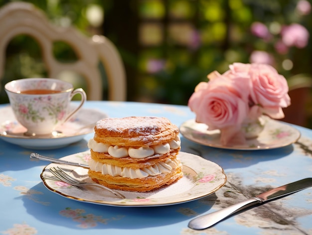 Millefeuille with strawberries and a cup of tea on the table