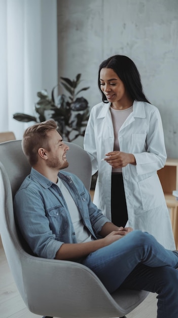 Millennial black woman psychologist consults smiling european guy in modern clinic interior