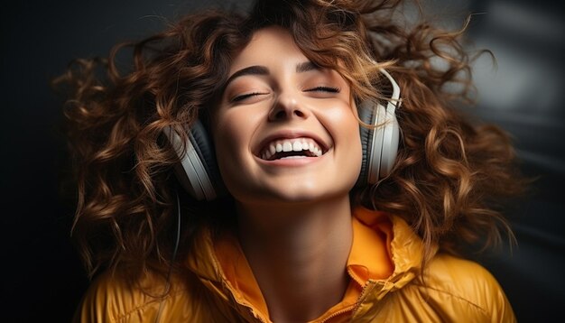 Millennial female with headphones enjoying herself while moving about and unwinding in the living room