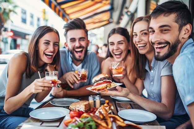 Millennial friends enjoying a funfilled social gathering at an outdoor restaurant