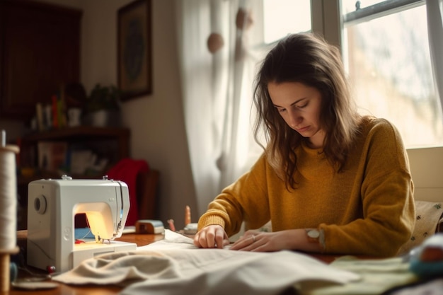 Photo millennial young adult female working on domestic sewing projects for family photo series