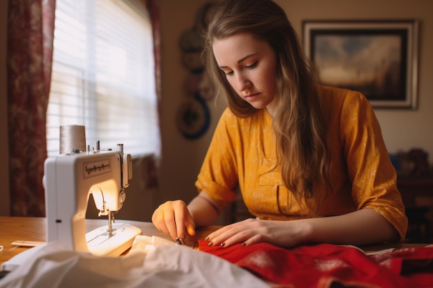 Photo millennial young adult female working on domestic sewing projects for family photo series