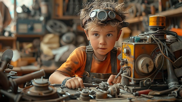 Milo fixing old radio Milo wearing magnifying glass headband fixing whimsical oversized old radio