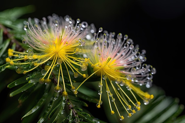 Mimosa blossom in full bloom surrounded by dew