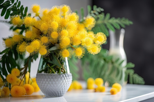 Mimosa flower in a vase surrounded by other fresh flowers