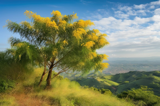 Mimosa tree with blooming flowers and view of rolling hills in the background