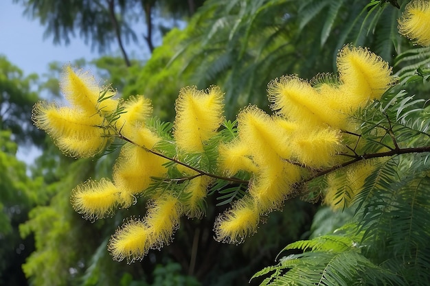 Mimosa tree with branches of fresh fluffy flowers