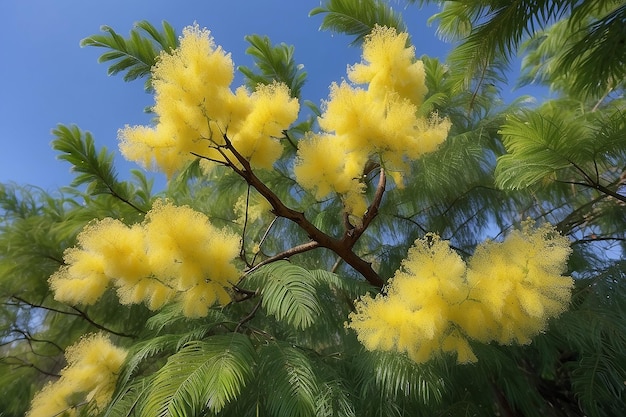 Mimosa tree with branches of fresh fluffy flowers