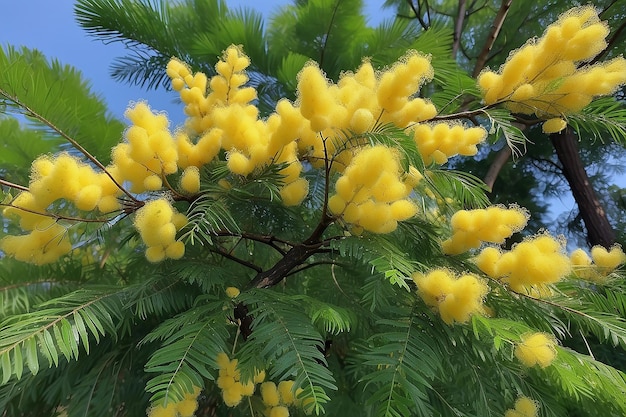 Mimosa tree with branches of fresh fluffy flowers