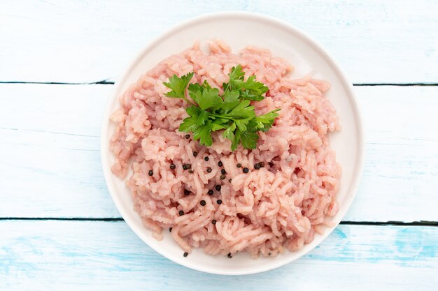 Minced raw turkey meat on a plate