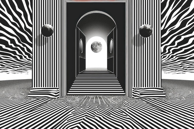 Photo mind bending flat line illusion poster of a door architecture black white