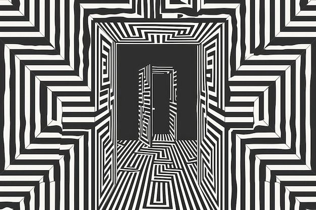 Photo mind bending flat line illusion poster of a door pattern black maze