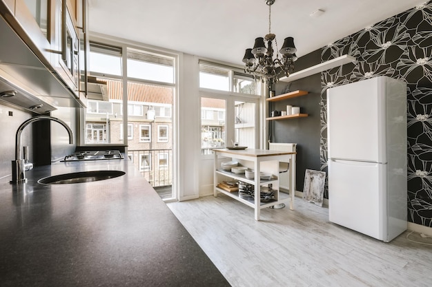 Mind-blowing stylish kitchen with wooden table