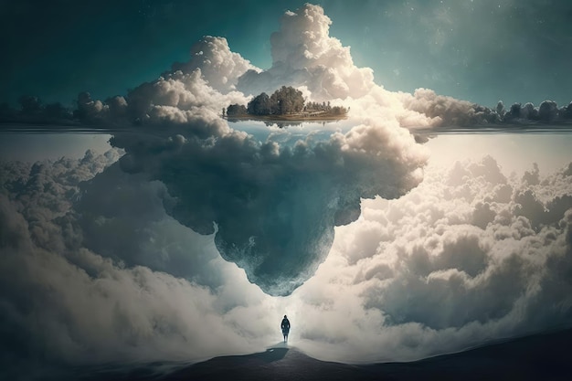 Mind of god with person floating on cloud surrounded by peaceful and serene environment