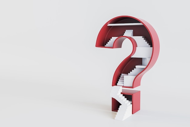 Mind maze concept with huge question mark with lots of white stairs inside on blank wallpaper with copyspace for your text 3D rendering mockup