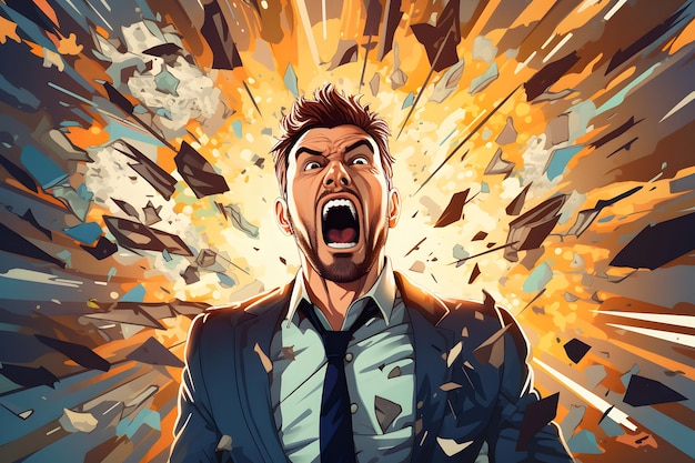 Mindblowing idea head explosion illustration of businessman in chaos symbolizing brain overload a