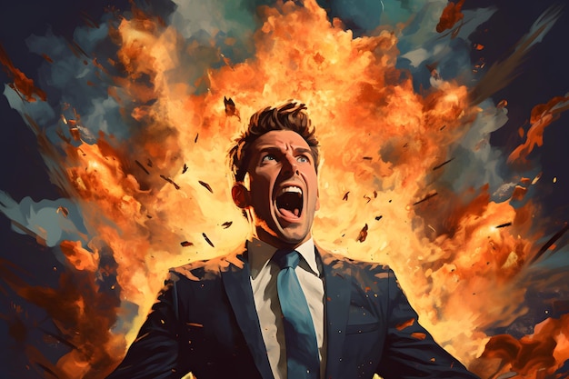 Mindblowing idea head explosion illustration of businessman in chaos symbolizing brain overload a