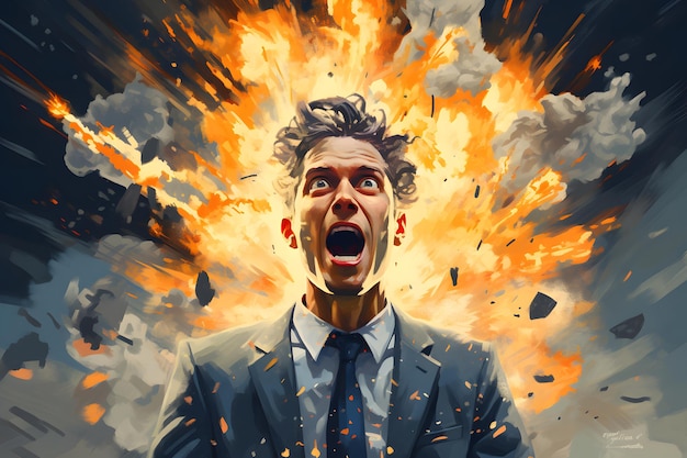 Mindblowing idea head explosion illustration of businessman in chaos symbolizing brain overload a