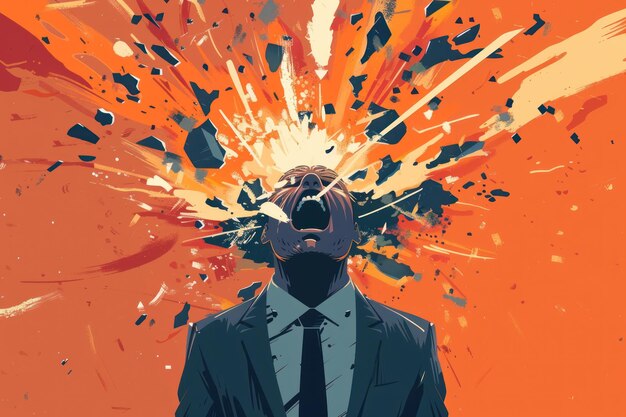 Mindblowing idea head explosion illustration of businessman in chaos symbolizing brain