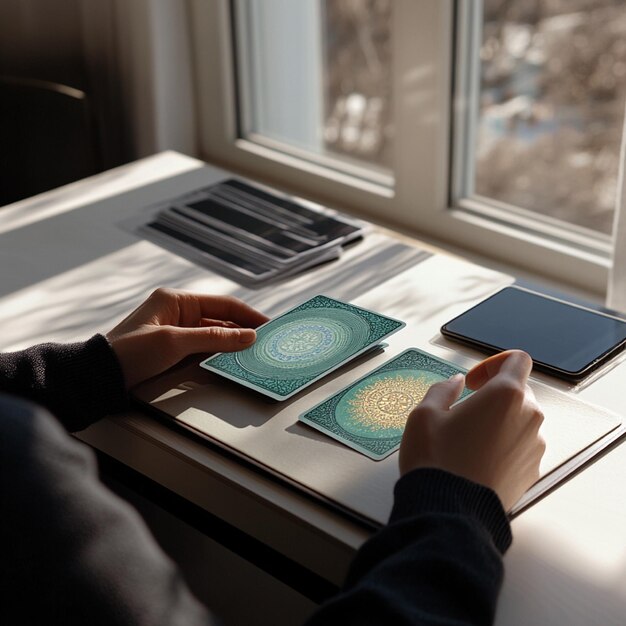 Photo mindful tarot reading by the window in peaceful sunlight