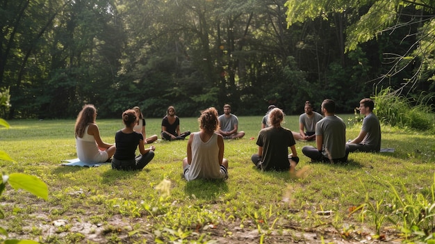 Mindfulness retreat group seated in a circle outdoors