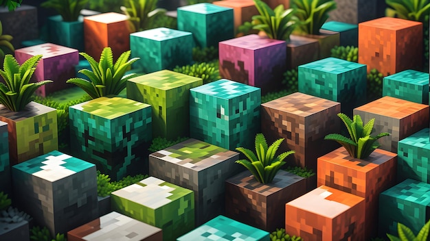 Minecraft inspired artificial plant composed of digital cubes Minecraft world voxel earth surface