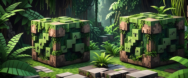 Minecraft inspired artificial plant composed of digital cubes Minecraft world voxel earth surface