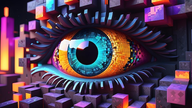 Minecraft inspired eye with psychedelic abstract design