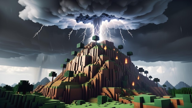 Minecraft style island 3d designed with an eruptive thunderstorm above Generative AI