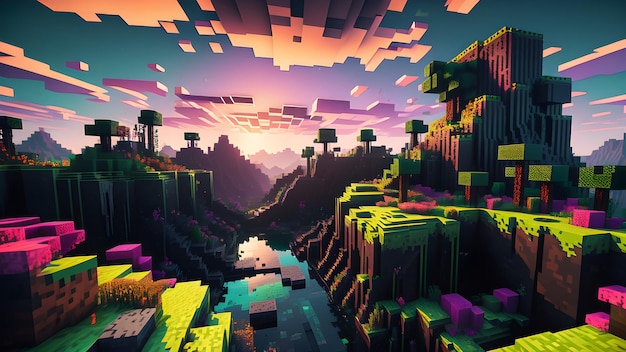 Minecraft Voxel Inspired Amazing Nature View Blocky Terrain Stretches Under A Pixelated Sky