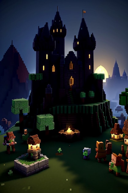 A Minecraftstyle fantasy 3D environment with a castle in the middle Aigenerated