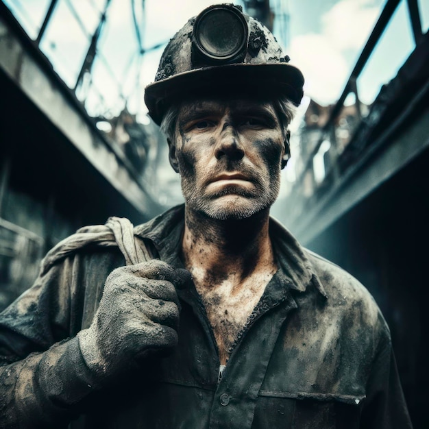 Miner exiting a coal mine covered in dirt and soot ai generative