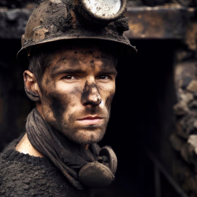 Miner exiting a coal mine covered in dirt and soot ai generative