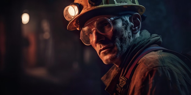 Miner wearing a hard hat and headlamp while working underground in a dark and hazardous environment Generative AI