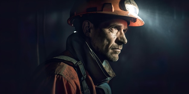 Miner wearing a hard hat and headlamp while working underground in a dark and hazardous environment Generative AI