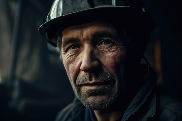 Miner with a dirty face in helmet at work in coal mine Generative AI