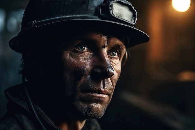 Miner with a dirty face in helmet at work in coal mine Generative AI